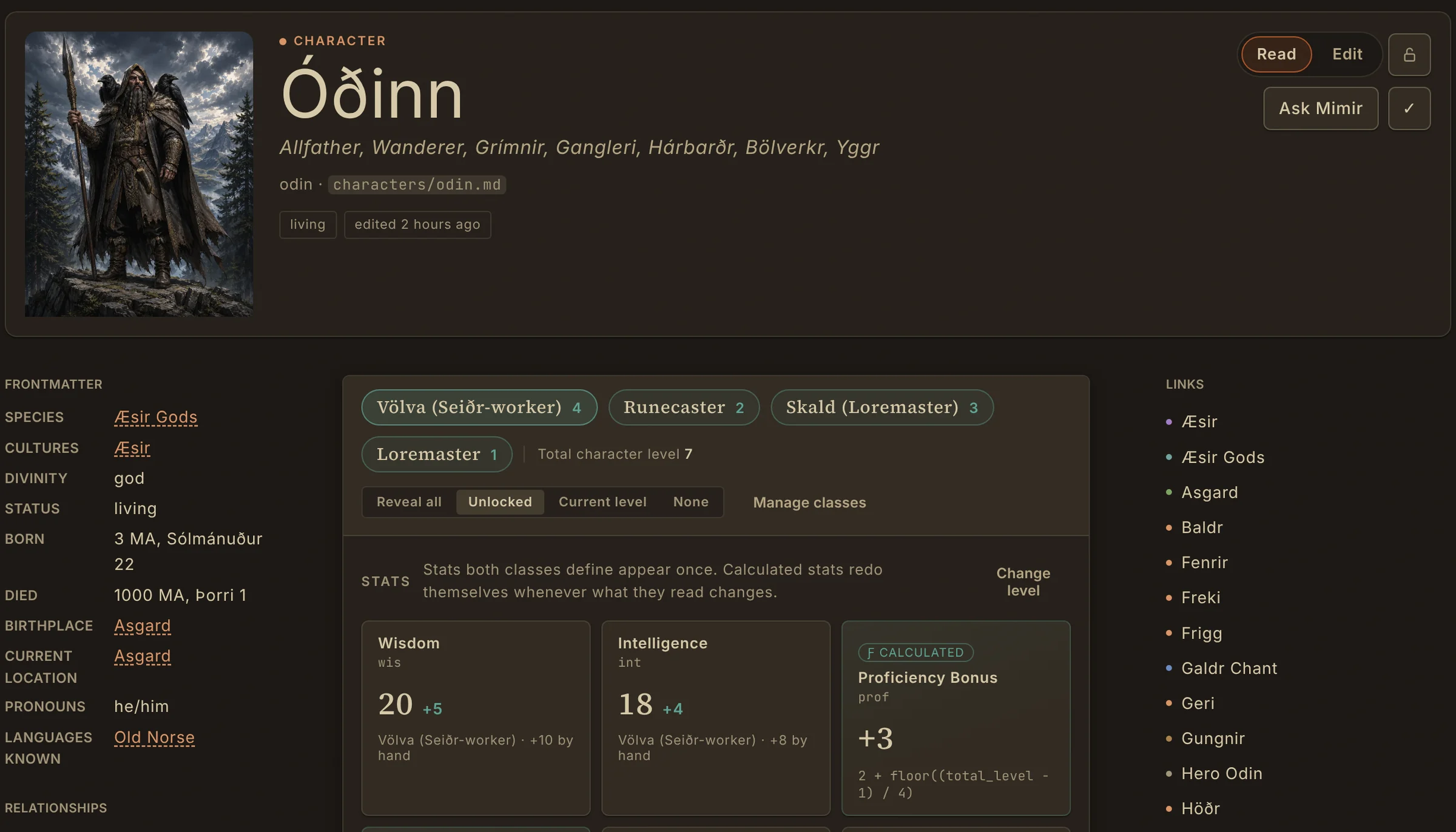 Óðinn's character entry in Mimir: portrait, aliases, structured fields, class paths and stats.