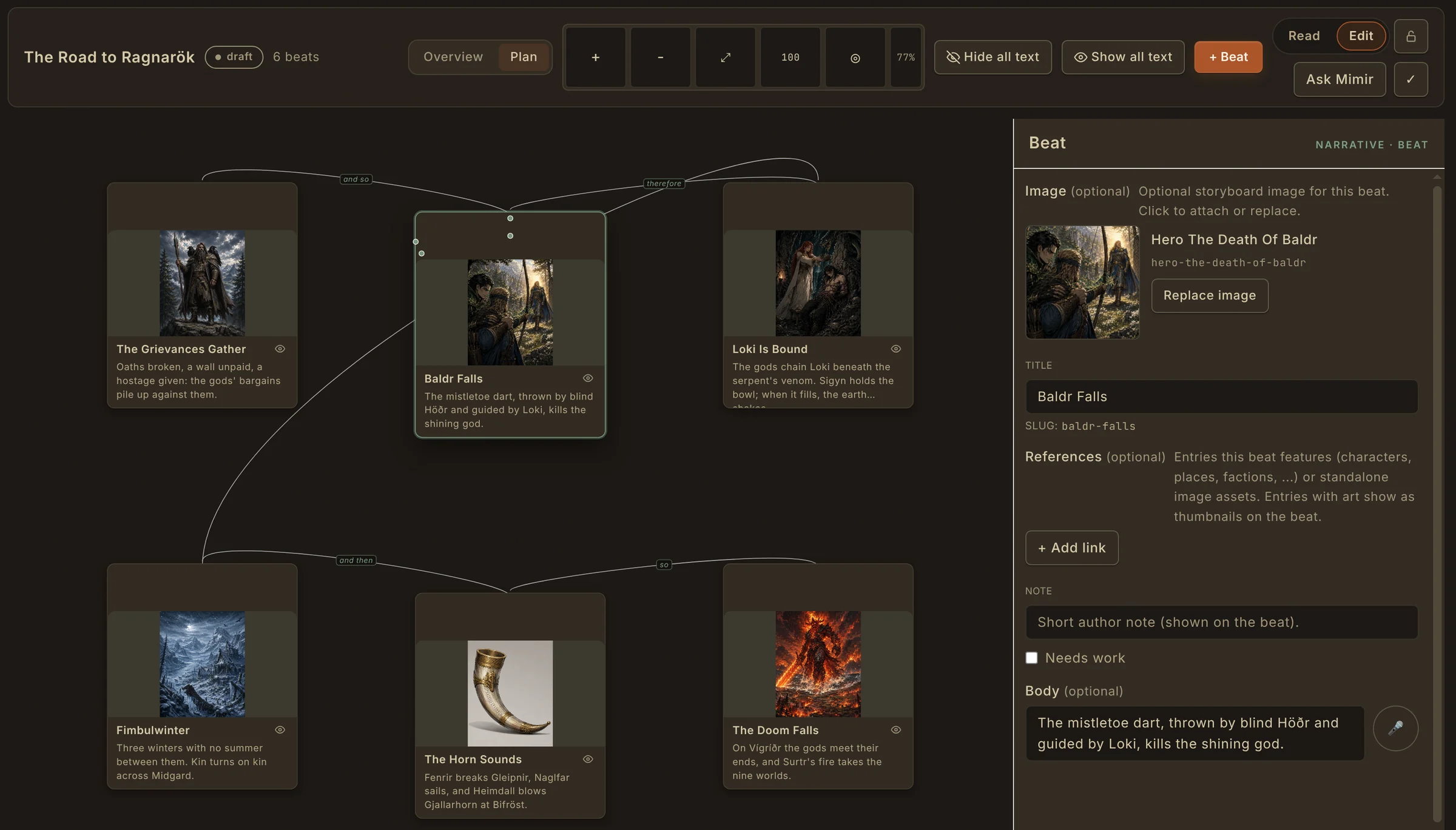 The Road to Ragnarök in Mimir's Narrative Planner: six illustrated beats joined by labelled edges, with one beat open.