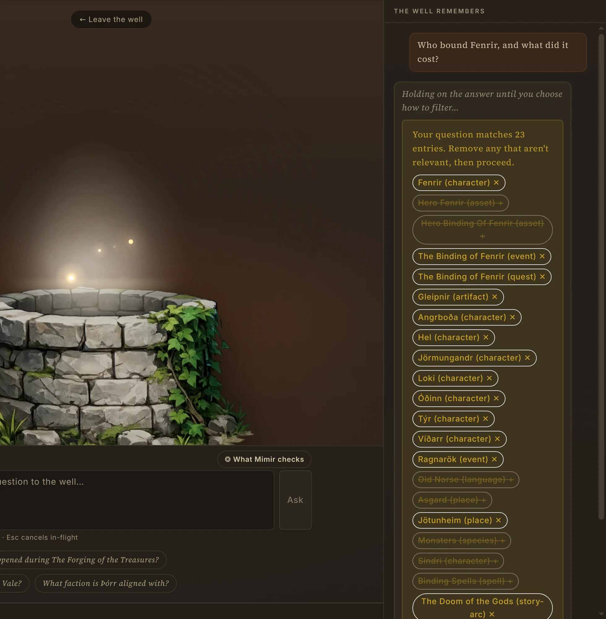 Ask Mimir holding its answer to the question 'Who bound Fenrir, and what did it cost?' while it lists the 23 matching entries. Several unrelated matches have been struck out before proceeding.