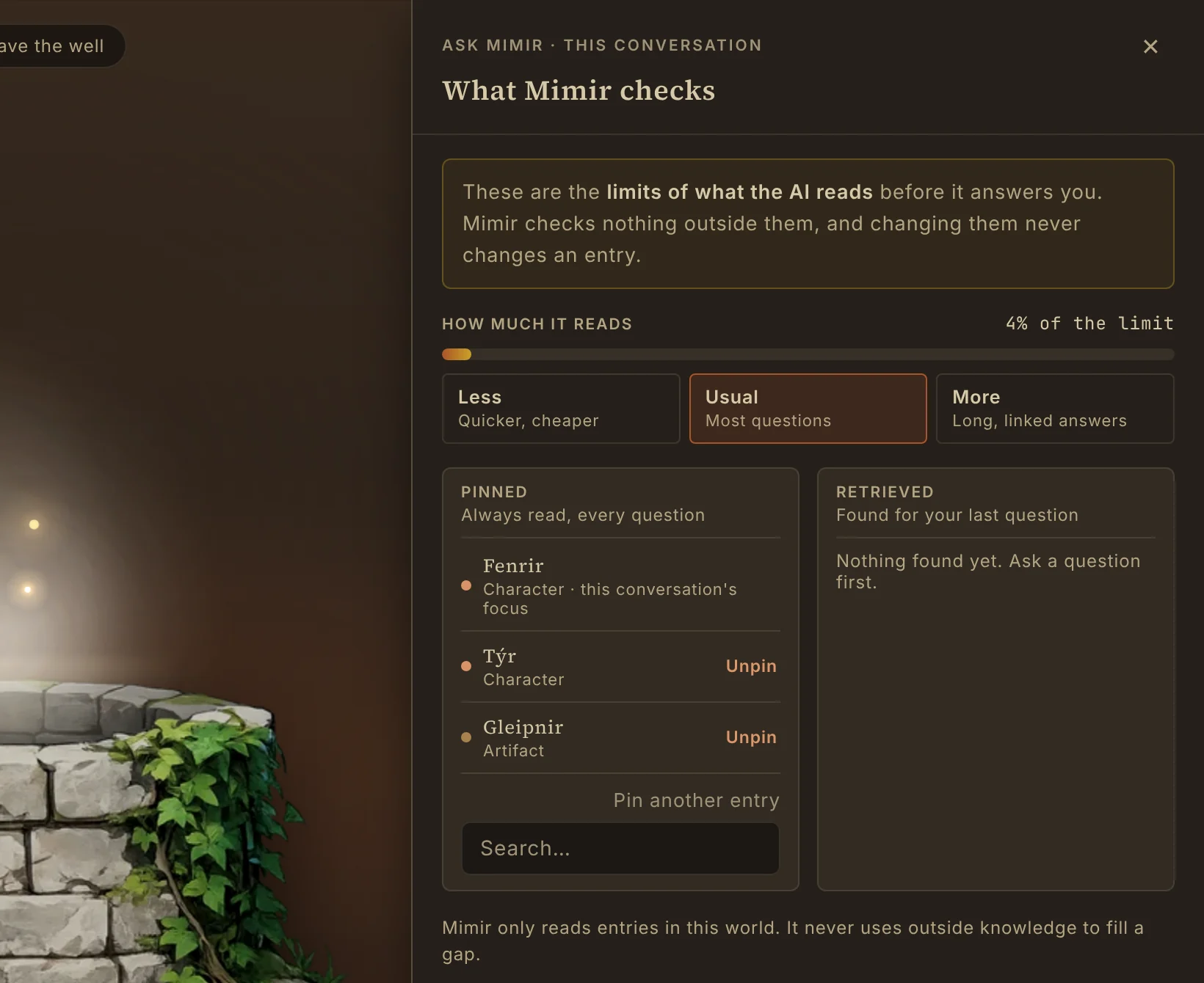 The What Mimir checks panel in Ask Mimir: a note that these are the limits of what the AI reads, a reading-depth control, pinned entries Fenrir, Týr and Gleipnir, and the line that Mimir never uses outside knowledge to fill a gap.
