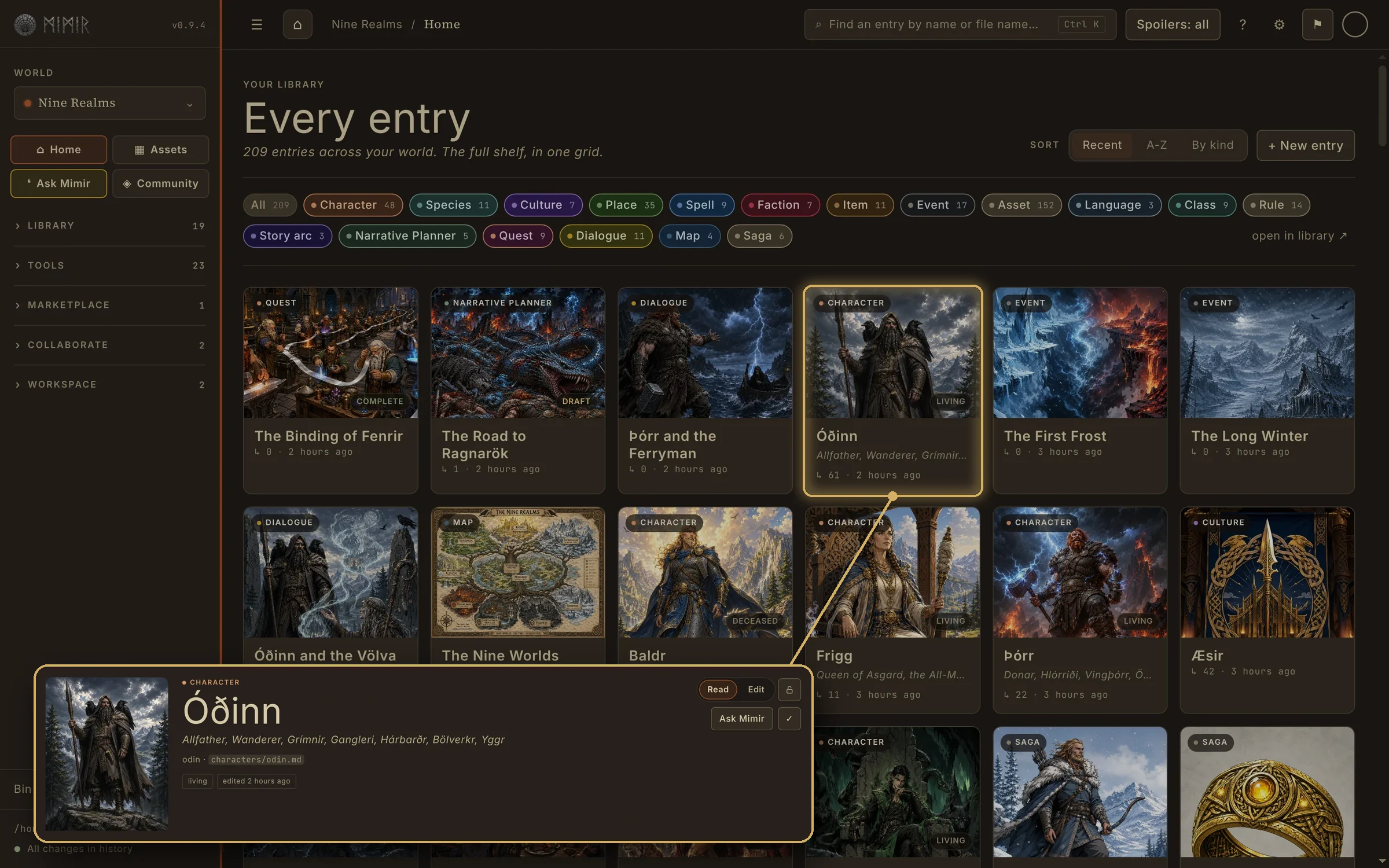 The Mimir library for a Norse mythology world: a grid of illustrated entries with type filters. Óðinn's card is highlighted and his character entry is shown enlarged in front of the grid.