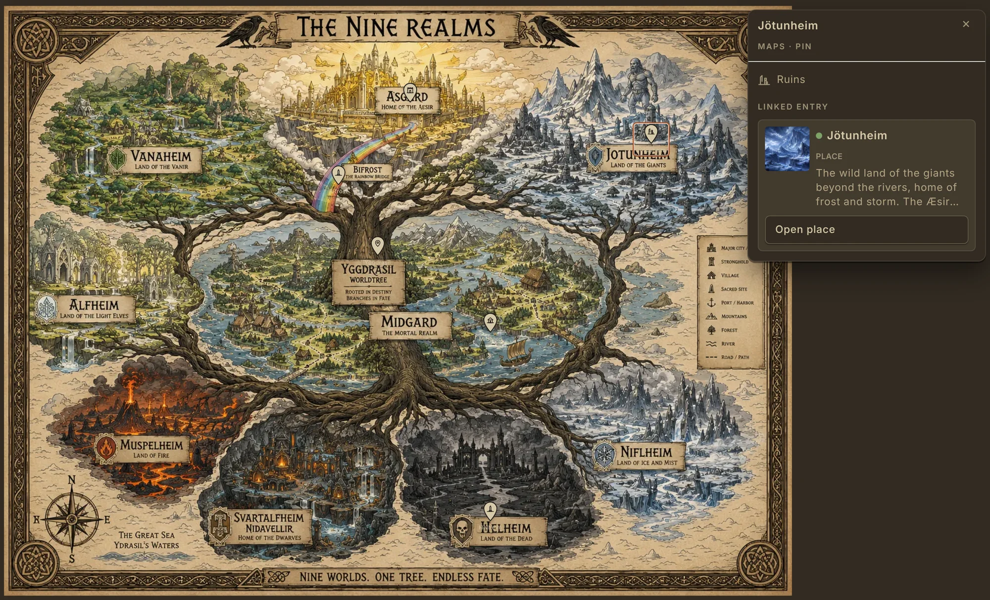 An illustrated map of the Nine Realms around the world-tree Yggdrasil, open in Mimir with the Jötunheim pin selected and its linked place entry shown beside the map.