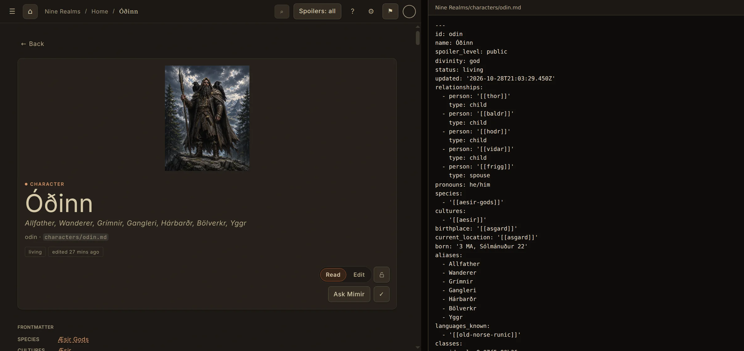 Óðinn's entry open in Mimir, beside the plain markdown file behind it, characters/odin.md, which holds the same name, aliases and relationships as readable frontmatter.