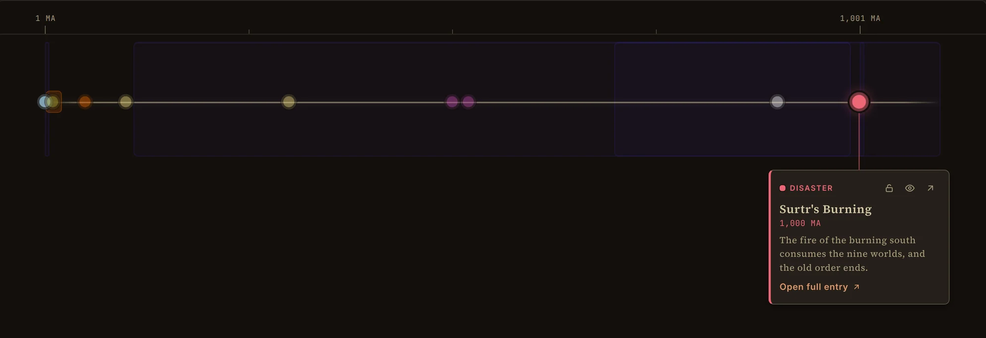 Mimir's timeline of the Mythic Age, with events plotted from year 1 to year 1001 and a card open for Surtr's Burning, the fire that ends the old order.
