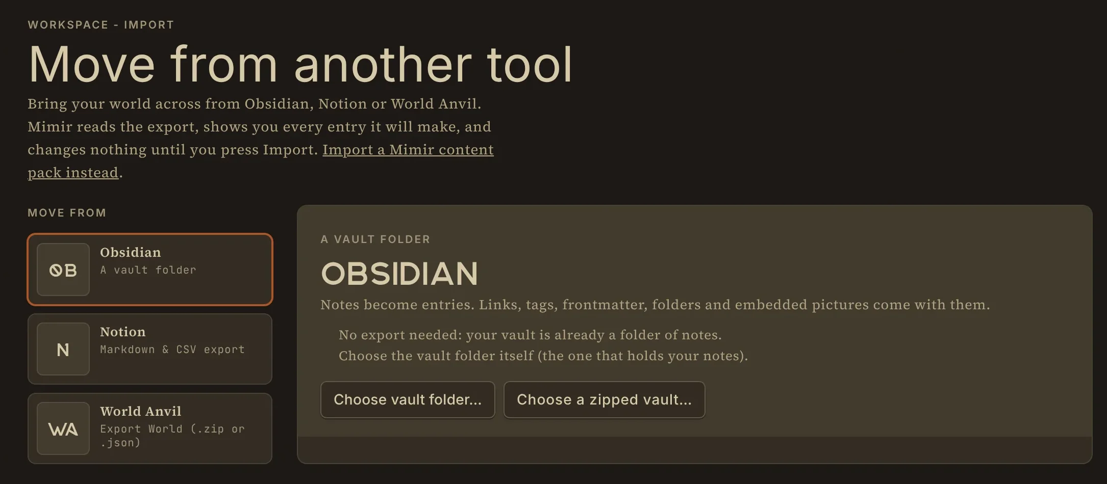 Mimir's Move from another tool screen: choose Obsidian, Notion or World Anvil, with a panel explaining what comes across.