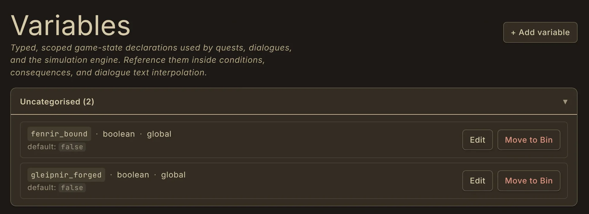 The Variables screen in Mimir listing typed, scoped game-state declarations such as fenrir_bound and gleipnir_forged, each a global boolean with a default.